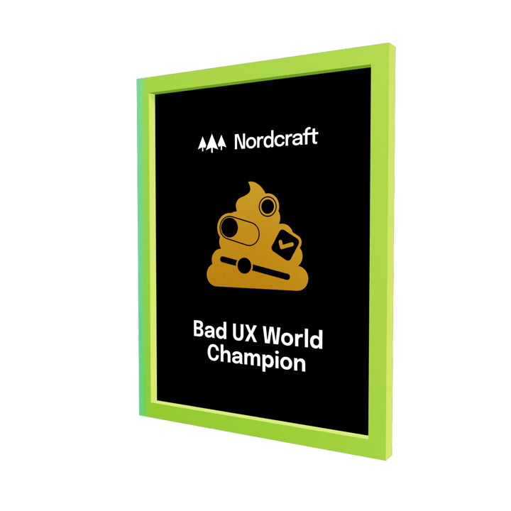 A framed trophy of a golden poo decorated with a toggle, slider, checkbox and radio button with the nordcraft logo above it and the text bad ux world champion below it.